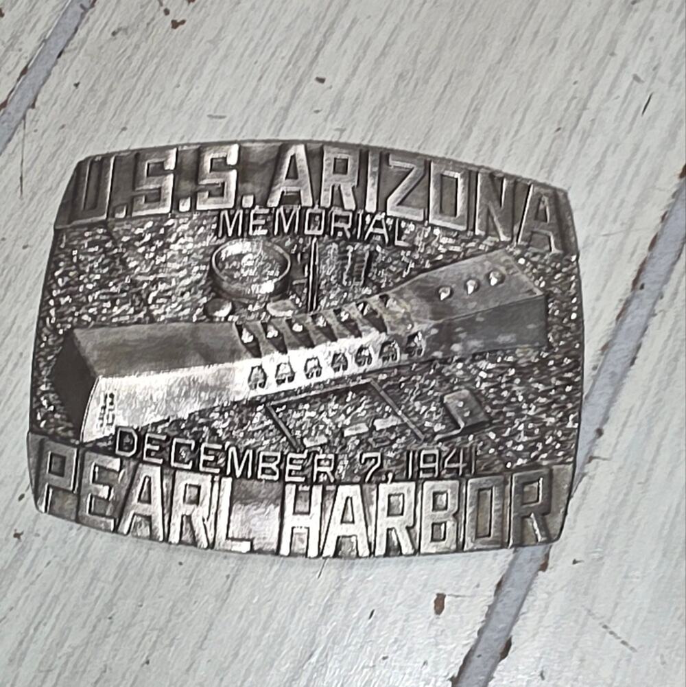 Vtg 1984 USS Arizona Commemorative Belt Buckle Pearl Harbor Indiana Metal Craft